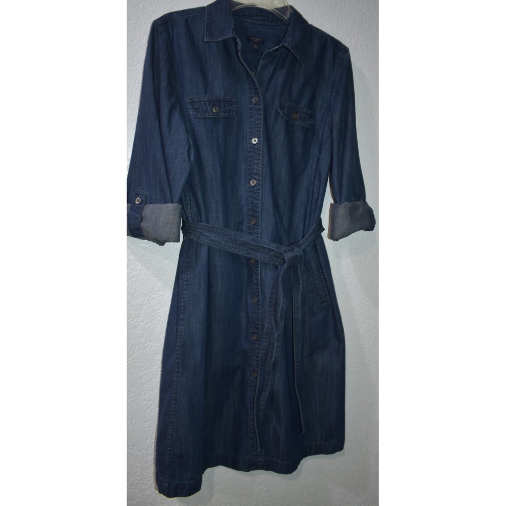 Talbots Petites Blue Denim Shirt Dress 10P Roll Tab Sleeve Button Front Belted